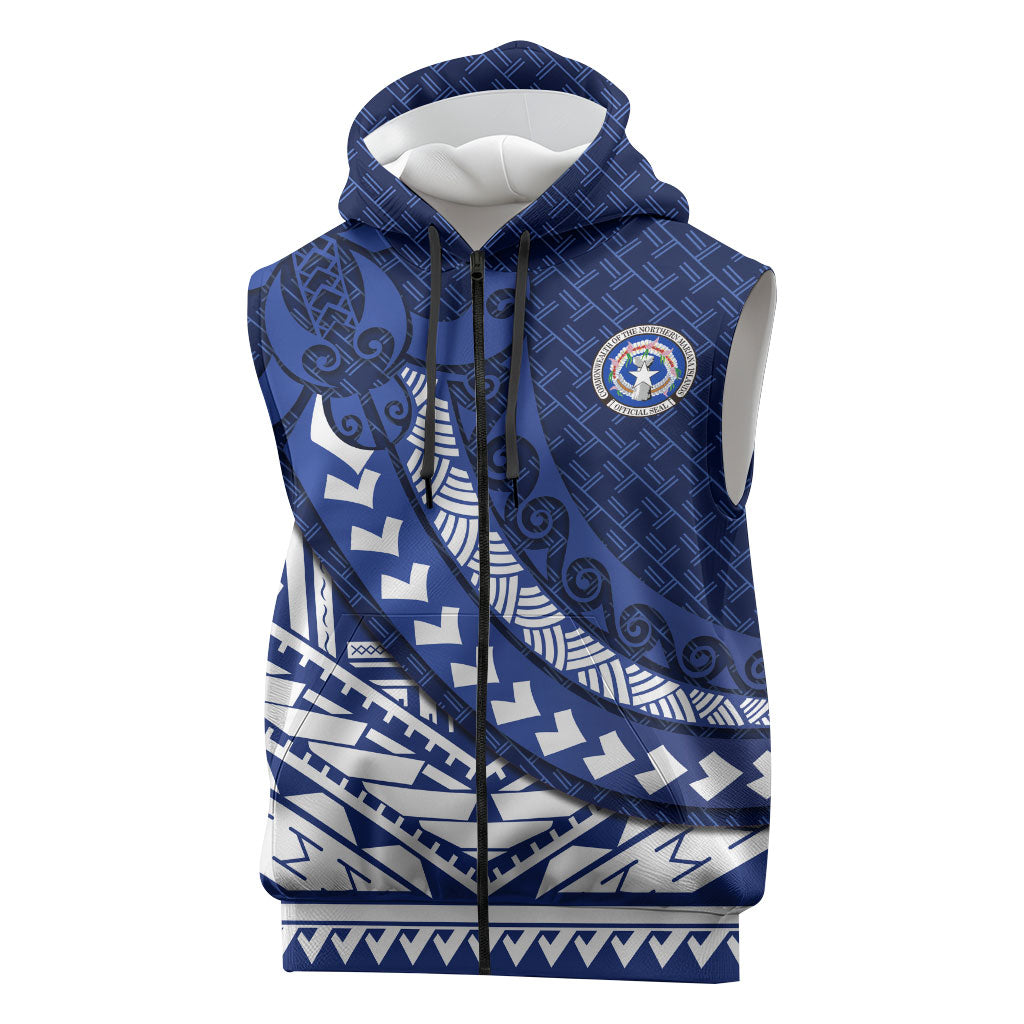 Northern Mariana Islands Saipan Sleeveless Zip Hoodie Polynesian Tribal Pattern - Commonwealth Seal Art TS04 Blue White - Polynesian Pride
