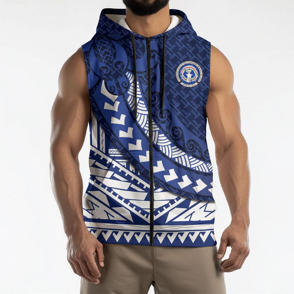 Northern Mariana Islands Saipan Sleeveless Zip Hoodie Polynesian Tribal Pattern - Commonwealth Seal Art