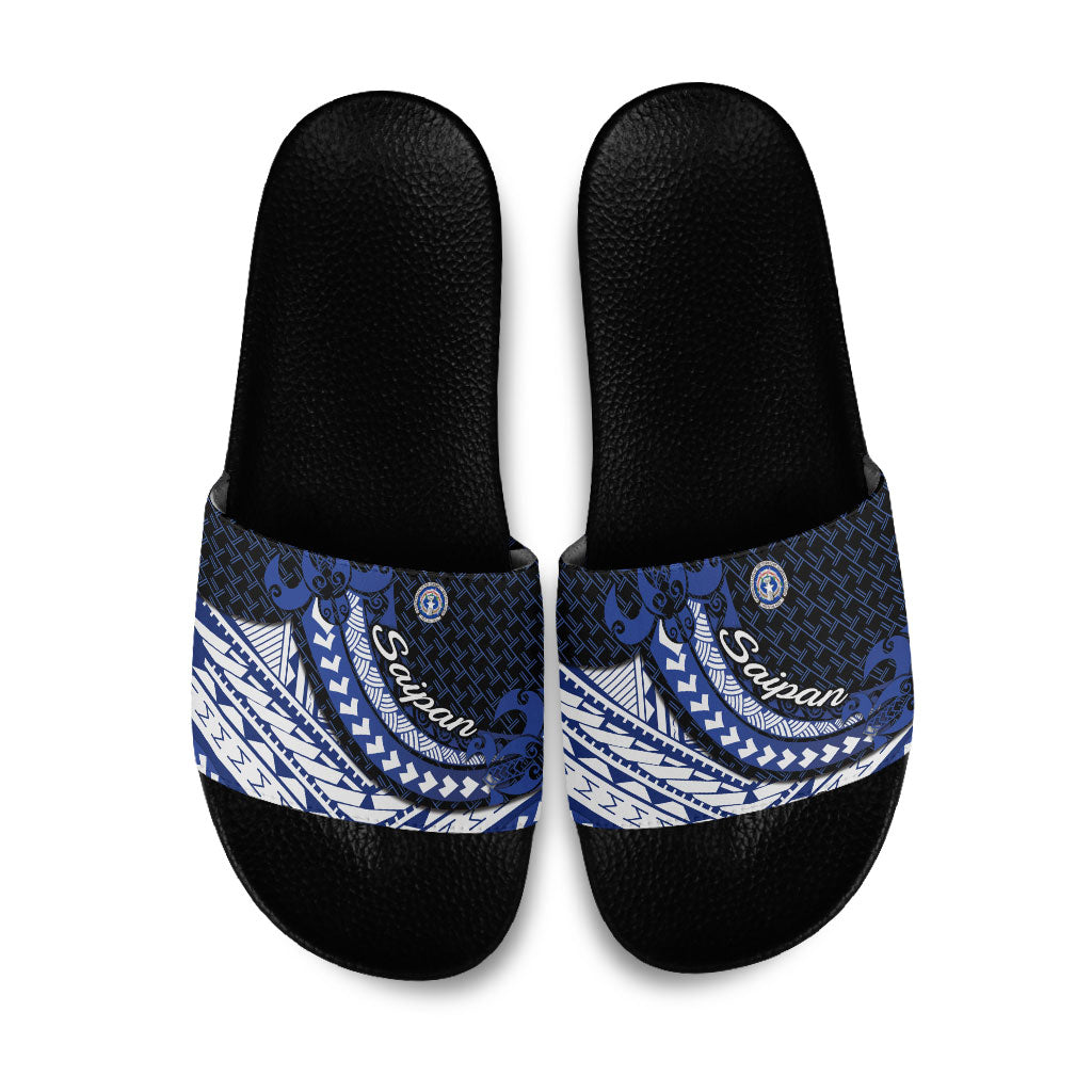 Northern Mariana Islands Saipan Slide Sandals Polynesian Tribal Pattern - Commonwealth Seal Art