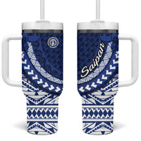 Northern Mariana Islands Saipan Tumbler With Handle Polynesian Tribal Pattern - Commonwealth Seal Art