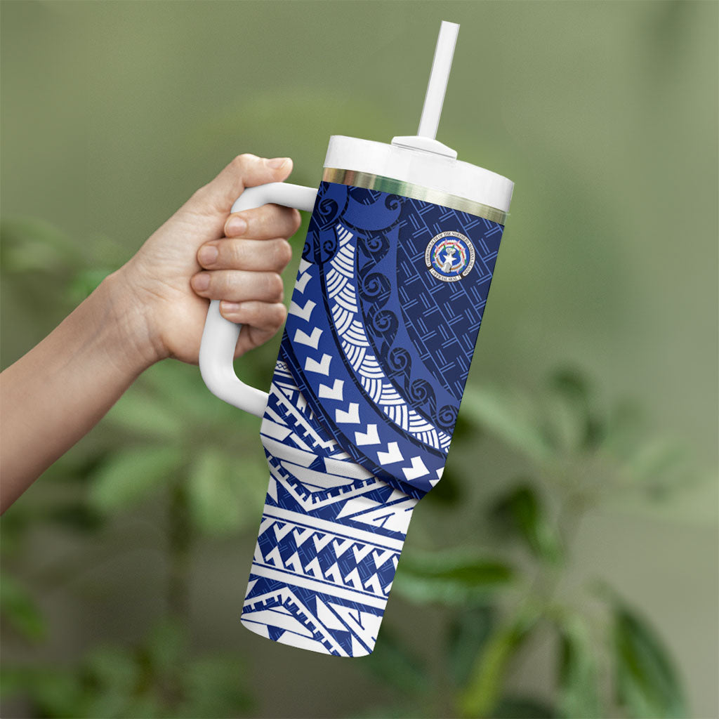 Northern Mariana Islands Saipan Tumbler With Handle Polynesian Tribal Pattern - Commonwealth Seal Art