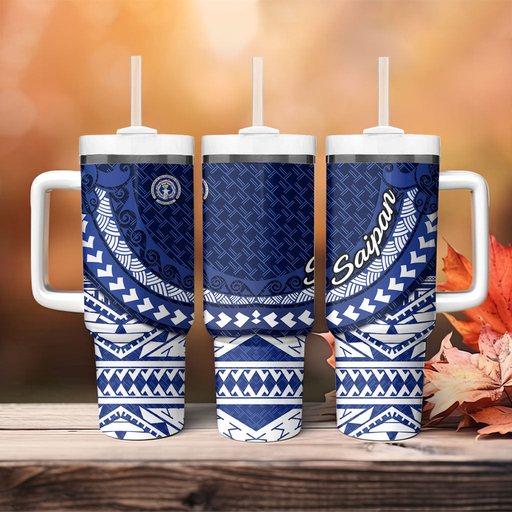 Northern Mariana Islands Saipan Tumbler With Handle Polynesian Tribal Pattern - Commonwealth Seal Art