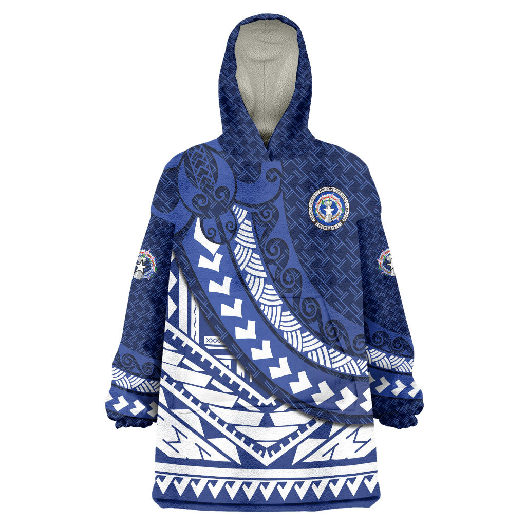 Northern Mariana Islands Saipan Wearable Blanket Hoodie Polynesian Tribal Pattern - Commonwealth Seal Art