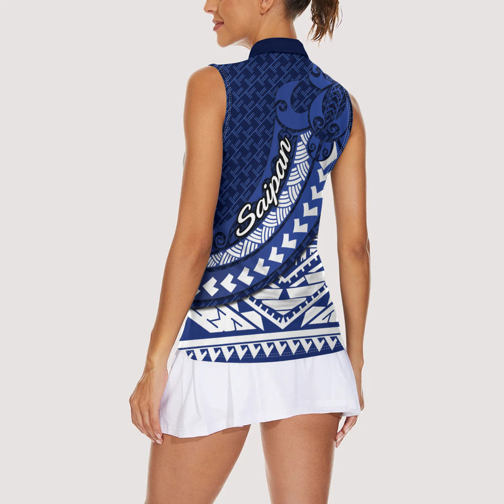 Northern Mariana Islands Saipan Women Sleeveless Polo Shirt Polynesian Tribal Pattern - Commonwealth Seal Art