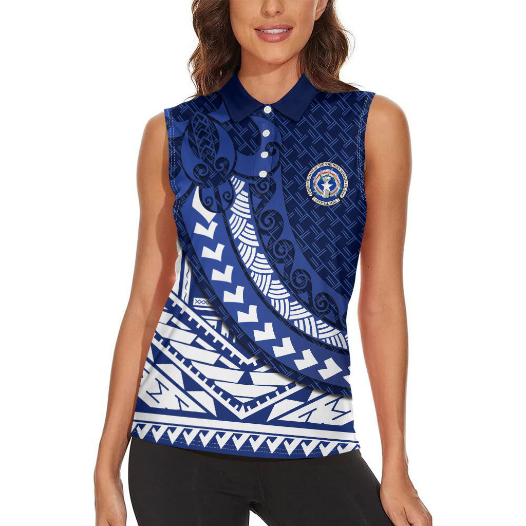 Northern Mariana Islands Saipan Women Sleeveless Polo Shirt Polynesian Tribal Pattern - Commonwealth Seal Art