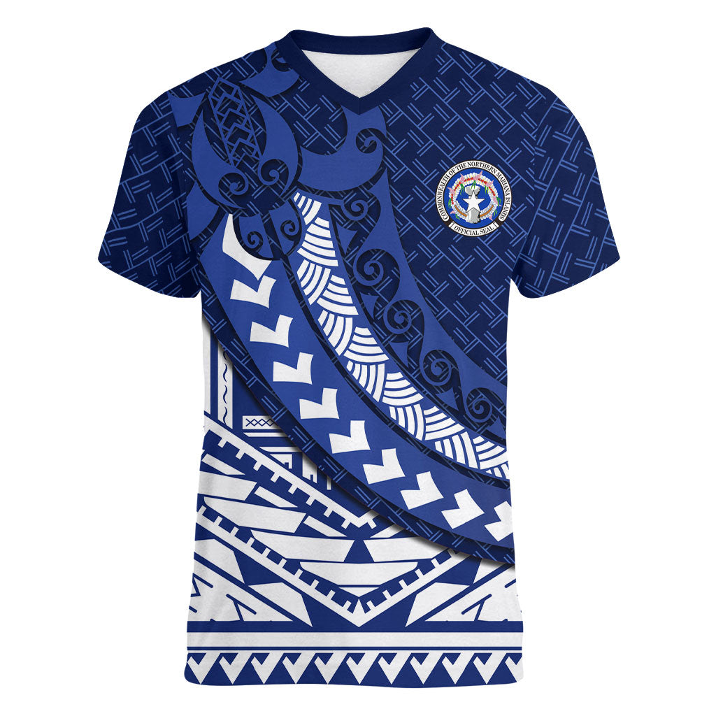 Northern Mariana Islands Saipan Women V-Neck T-Shirt Polynesian Tribal Pattern - Commonwealth Seal Art