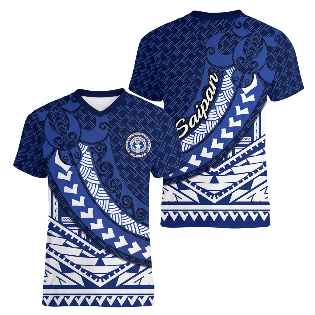 Northern Mariana Islands Saipan Women V-Neck T-Shirt Polynesian Tribal Pattern - Commonwealth Seal Art