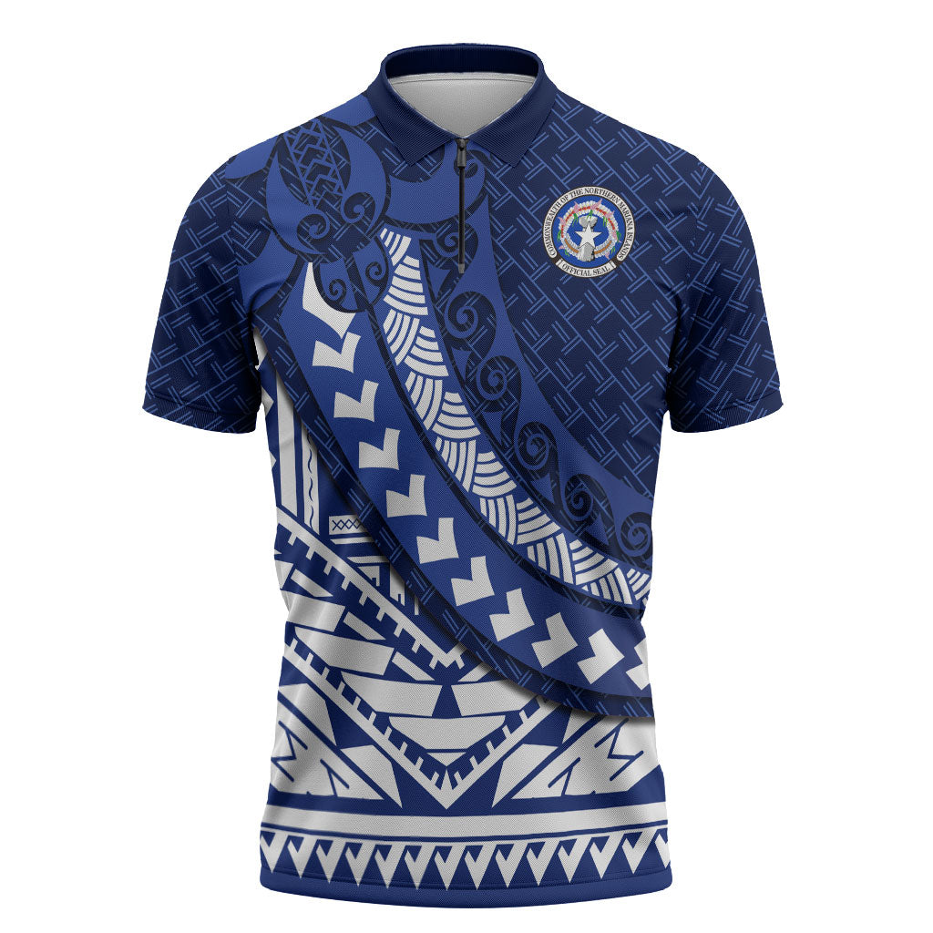 Northern Mariana Islands Saipan Zipper Polo Shirt Polynesian Tribal Pattern - Commonwealth Seal Art