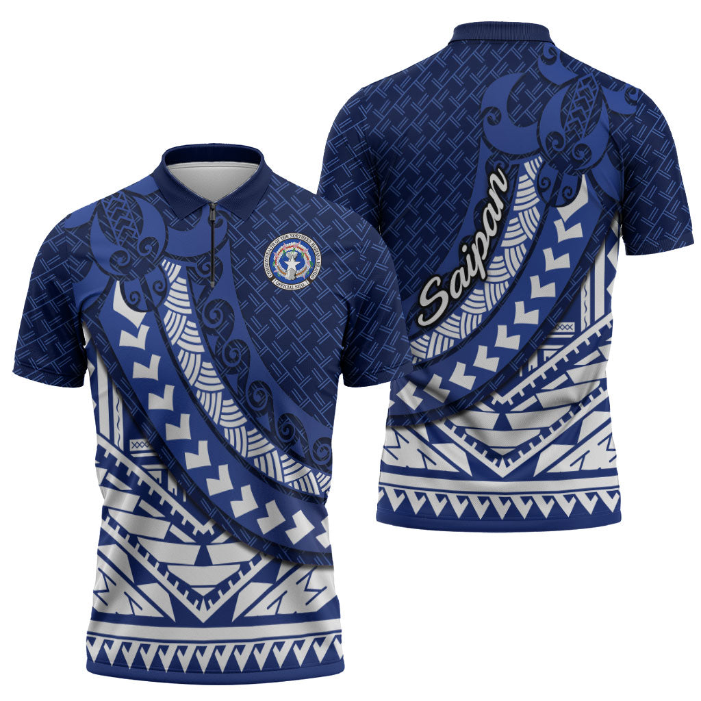 Northern Mariana Islands Saipan Zipper Polo Shirt Polynesian Tribal Pattern - Commonwealth Seal Art