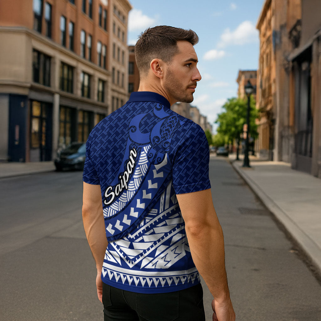 Northern Mariana Islands Saipan Zipper Polo Shirt Polynesian Tribal Pattern - Commonwealth Seal Art