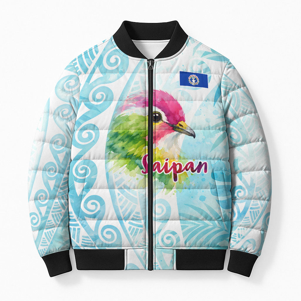 Saipan CMNI Bomber Puffer Jacket Polynesian Northern Mariana Islands Fruit Dove Watercolor TS04 Unisex Blue White - Polynesian Pride