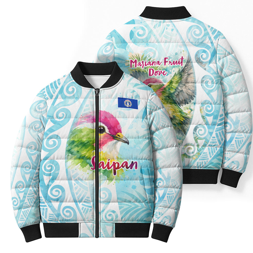 Saipan CMNI Bomber Puffer Jacket Polynesian Northern Mariana Islands Fruit Dove Watercolor