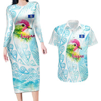 Saipan CMNI Couples Matching Long Sleeve Bodycon Dress and Hawaiian Shirt Polynesian Northern Mariana Islands Fruit Dove Watercolor TS04 Blue White - Polynesian Pride