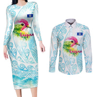Saipan CMNI Couples Matching Long Sleeve Bodycon Dress and Long Sleeve Button Shirt Polynesian Northern Mariana Islands Fruit Dove Watercolor TS04 Blue White - Polynesian Pride