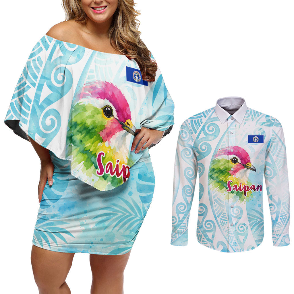 Saipan CMNI Couples Matching Off Shoulder Short Dress and Long Sleeve Button Shirt Polynesian Northern Mariana Islands Fruit Dove Watercolor