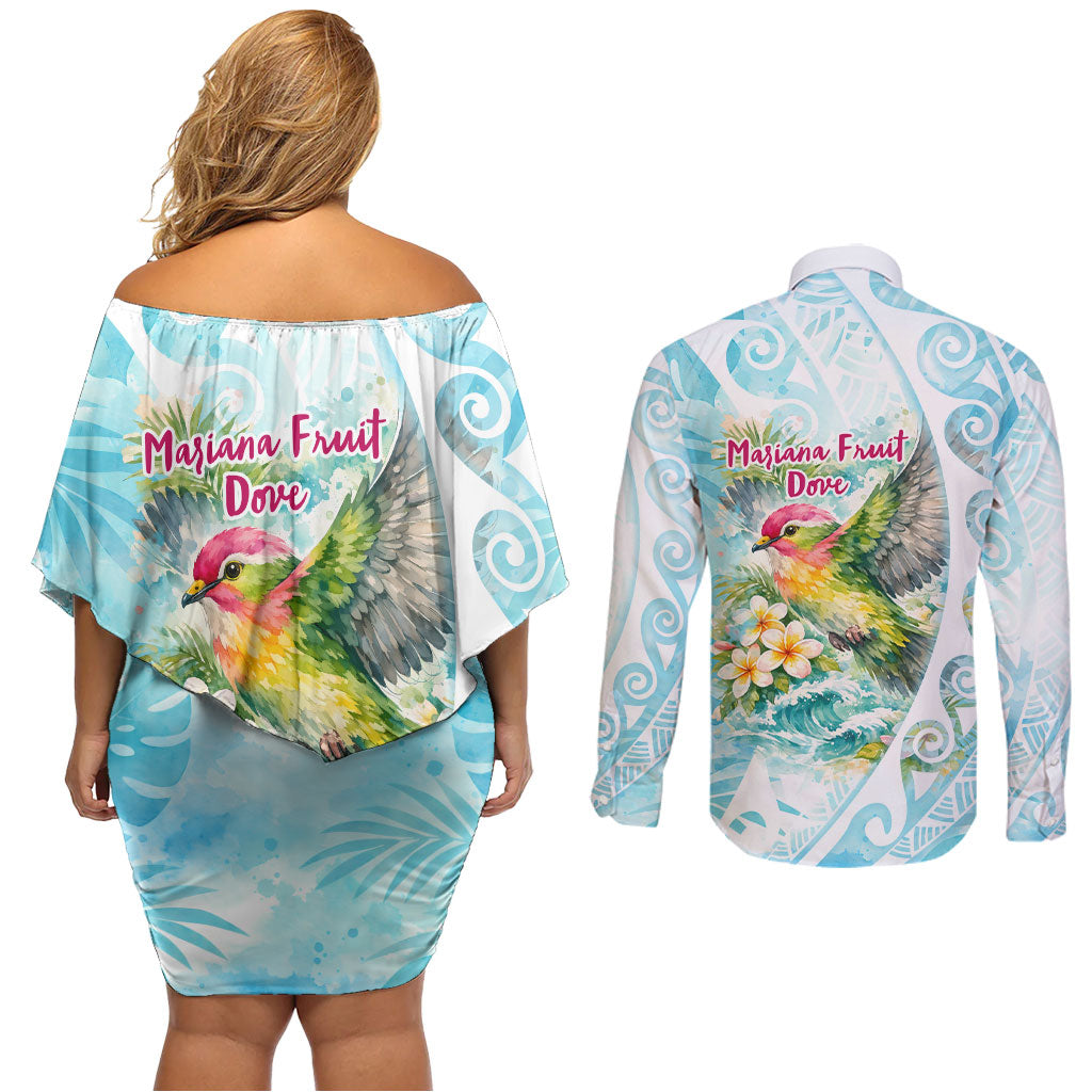 Saipan CMNI Couples Matching Off Shoulder Short Dress and Long Sleeve Button Shirt Polynesian Northern Mariana Islands Fruit Dove Watercolor