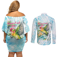 Saipan CMNI Couples Matching Off Shoulder Short Dress and Long Sleeve Button Shirt Polynesian Northern Mariana Islands Fruit Dove Watercolor