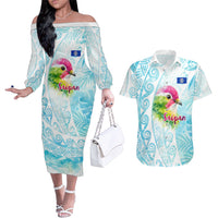 Saipan CMNI Couples Matching Off The Shoulder Long Sleeve Dress and Hawaiian Shirt Polynesian Northern Mariana Islands Fruit Dove Watercolor TS04 Blue White - Polynesian Pride