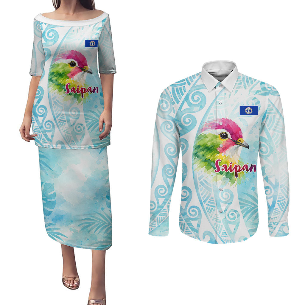 Saipan CMNI Couples Matching Puletasi and Long Sleeve Button Shirt Polynesian Northern Mariana Islands Fruit Dove Watercolor