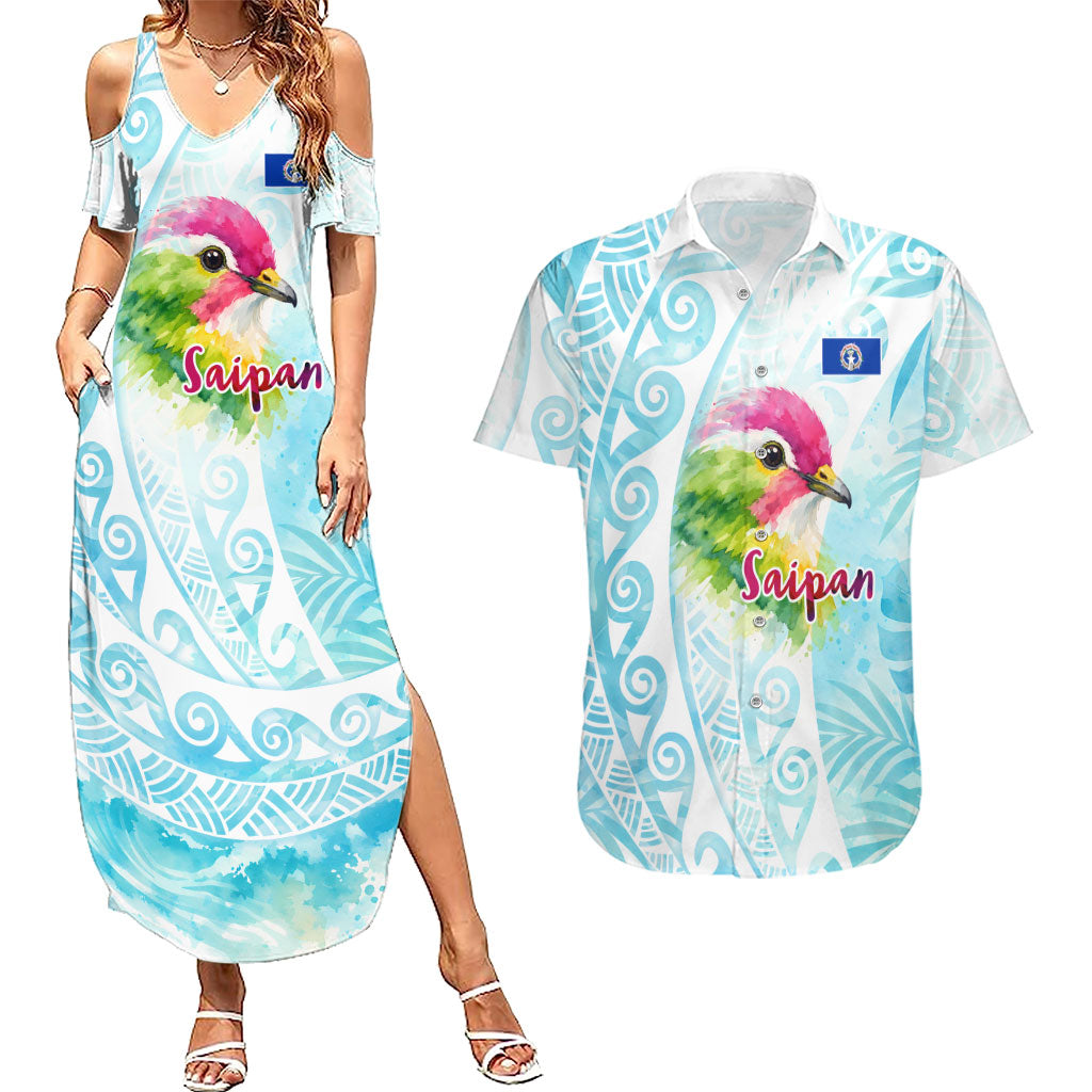 Saipan CMNI Couples Matching Summer Maxi Dress and Hawaiian Shirt Polynesian Northern Mariana Islands Fruit Dove Watercolor TS04 Blue White - Polynesian Pride