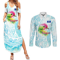 Saipan CMNI Couples Matching Summer Maxi Dress and Long Sleeve Button Shirt Polynesian Northern Mariana Islands Fruit Dove Watercolor