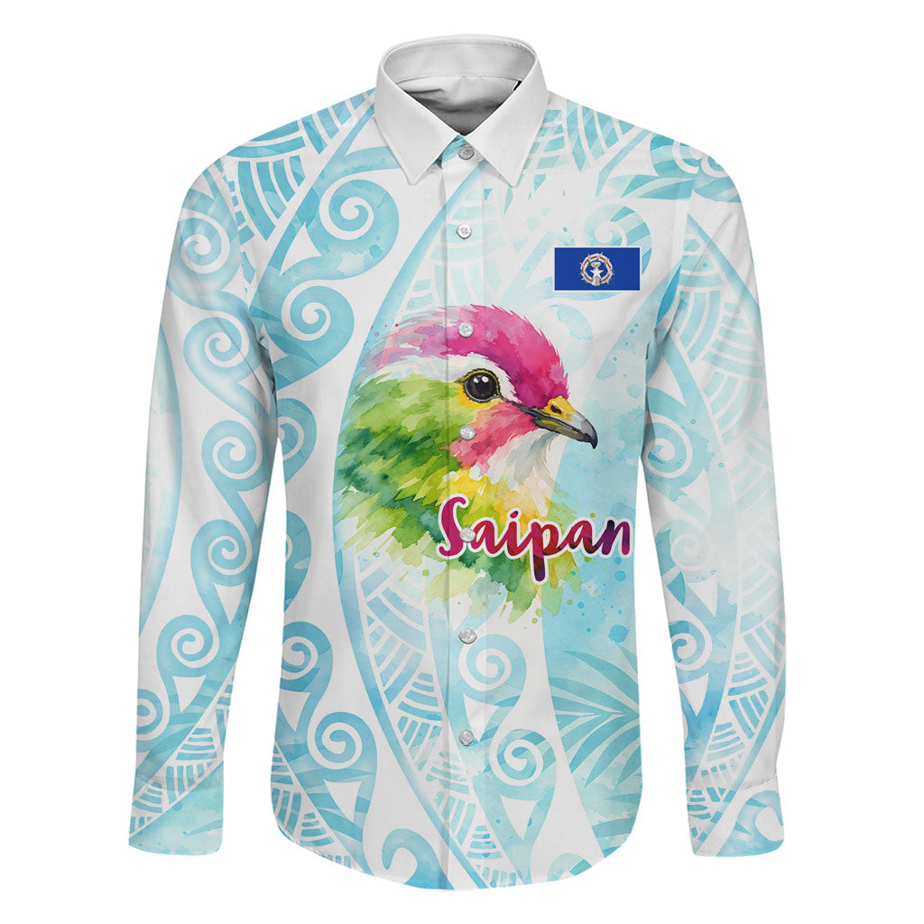 Saipan CMNI Family Matching Mermaid Dress and Hawaiian Shirt Polynesian Northern Mariana Islands Fruit Dove Watercolor TS04 Dad's Shirt - Long Sleeve Blue White - Polynesian Pride