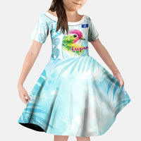 Saipan CMNI Family Matching Off Shoulder Maxi Dress and Hawaiian Shirt Polynesian Northern Mariana Islands Fruit Dove Watercolor TS04 Daughter's Dress Blue White - Polynesian Pride