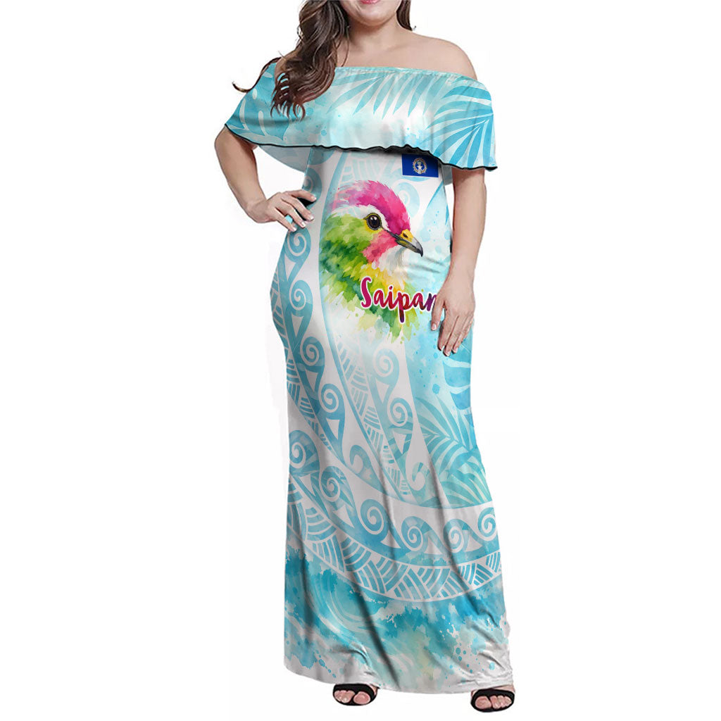 Saipan CMNI Family Matching Off Shoulder Maxi Dress and Hawaiian Shirt Polynesian Northern Mariana Islands Fruit Dove Watercolor TS04 Mom's Dress Blue White - Polynesian Pride