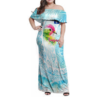 Saipan CMNI Family Matching Off Shoulder Maxi Dress and Hawaiian Shirt Polynesian Northern Mariana Islands Fruit Dove Watercolor TS04 Mom's Dress Blue White - Polynesian Pride