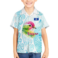 Saipan CMNI Family Matching Off Shoulder Maxi Dress and Hawaiian Shirt Polynesian Northern Mariana Islands Fruit Dove Watercolor TS04 Son's Shirt Blue White - Polynesian Pride