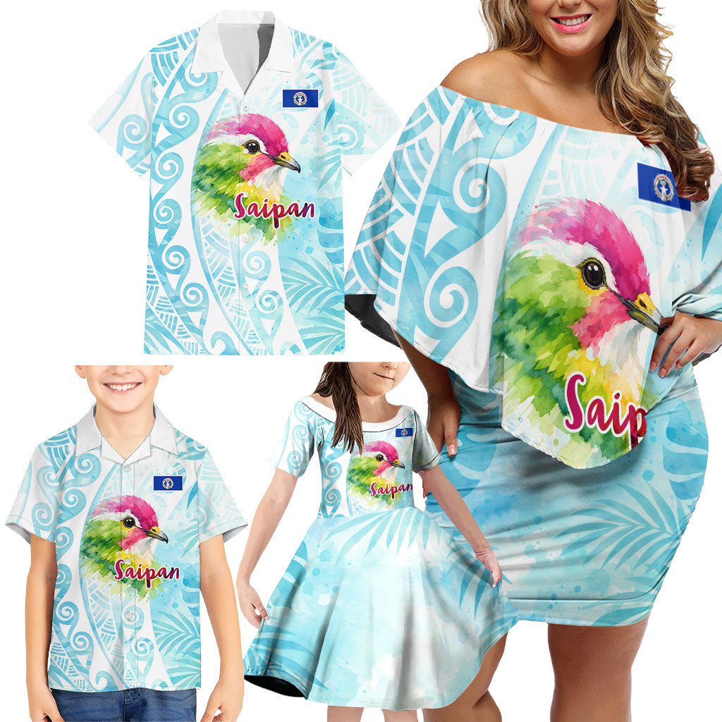 Saipan CMNI Family Matching Off Shoulder Short Dress and Hawaiian Shirt Polynesian Northern Mariana Islands Fruit Dove Watercolor