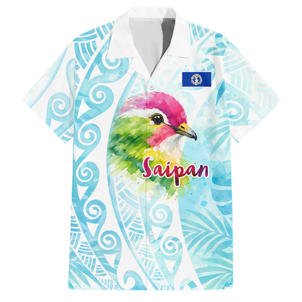 Saipan CMNI Family Matching Puletasi and Hawaiian Shirt Polynesian Northern Mariana Islands Fruit Dove Watercolor TS04 Dad's Shirt - Short Sleeve Blue White - Polynesian Pride