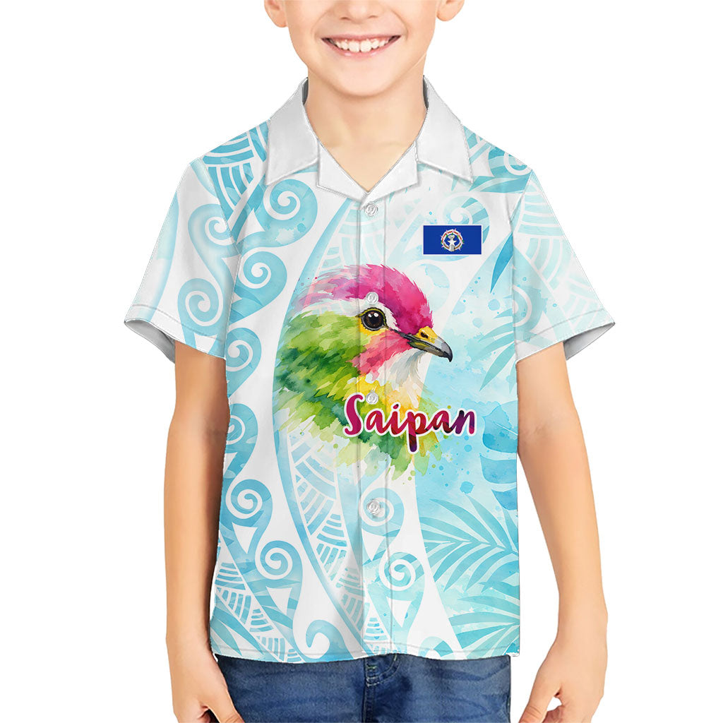 Saipan CMNI Family Matching Summer Maxi Dress and Hawaiian Shirt Polynesian Northern Mariana Islands Fruit Dove Watercolor TS04 Son's Shirt Blue White - Polynesian Pride