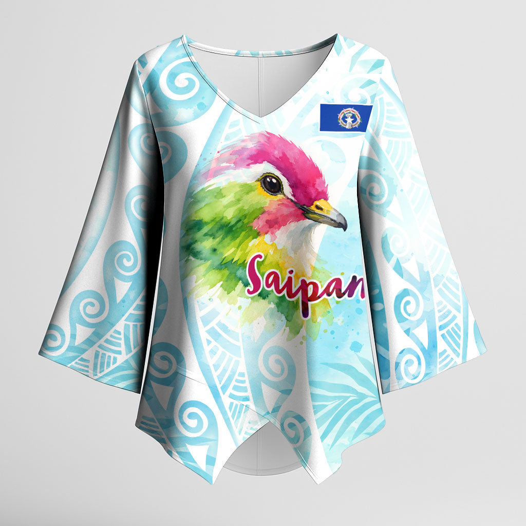 Saipan CMNI Kimono Sleeve Blouse Polynesian Northern Mariana Islands Fruit Dove Watercolor TS04 Female Blue White - Polynesian Pride