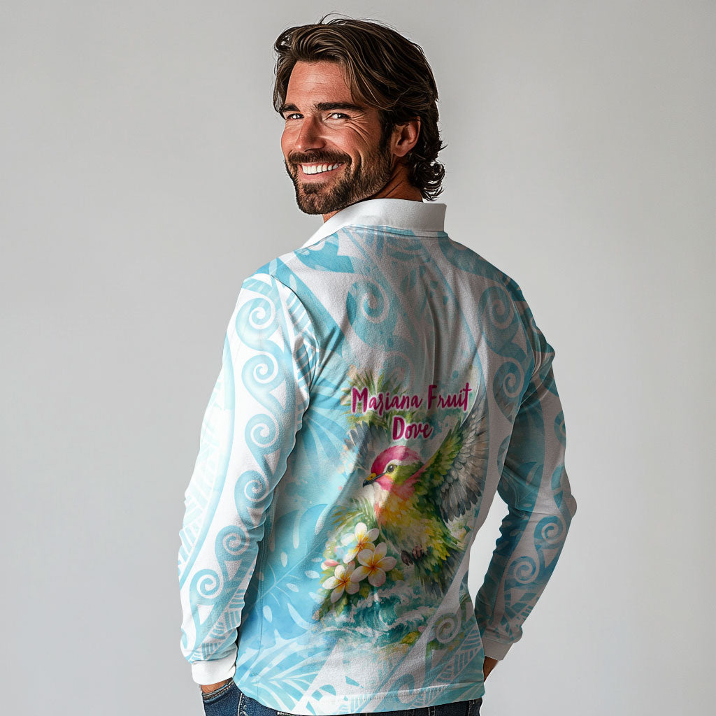 Saipan CMNI Long Sleeve Polo Shirt Polynesian Northern Mariana Islands Fruit Dove Watercolor