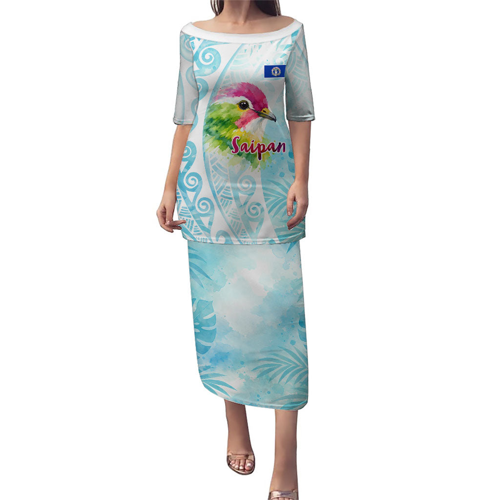 Saipan CMNI Puletasi Polynesian Northern Mariana Islands Fruit Dove Watercolor TS04 Long Dress Blue White - Polynesian Pride