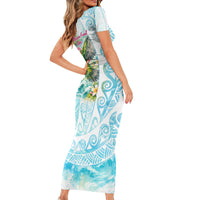 Saipan CMNI Short Sleeve Bodycon Dress Polynesian Northern Mariana Islands Fruit Dove Watercolor