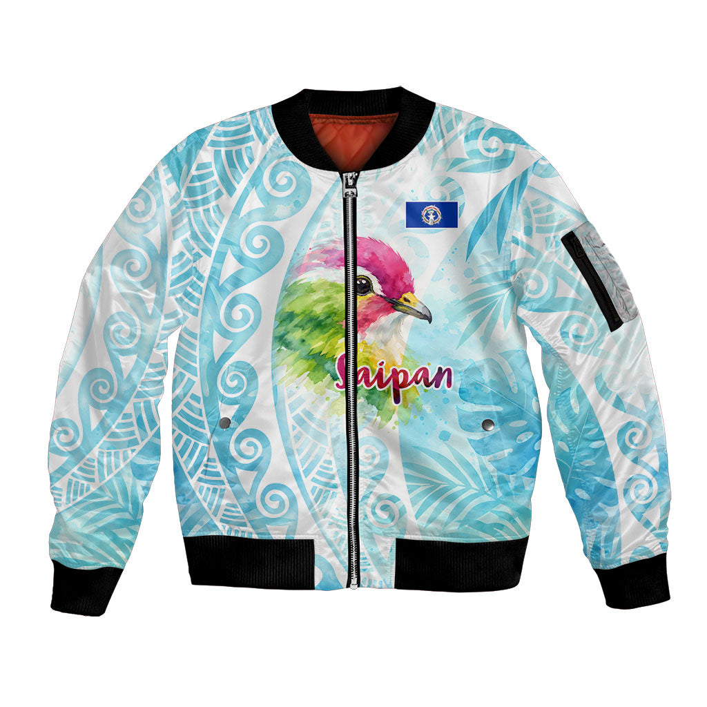 Saipan CMNI Sleeve Zip Bomber Jacket Polynesian Northern Mariana Islands Fruit Dove Watercolor TS04 Unisex Blue White - Polynesian Pride
