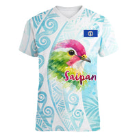 Saipan CMNI Women V-Neck T-Shirt Polynesian Northern Mariana Islands Fruit Dove Watercolor
