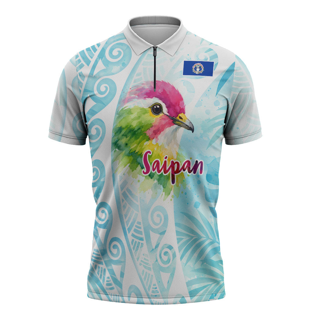 Saipan CMNI Zipper Polo Shirt Polynesian Northern Mariana Islands Fruit Dove Watercolor