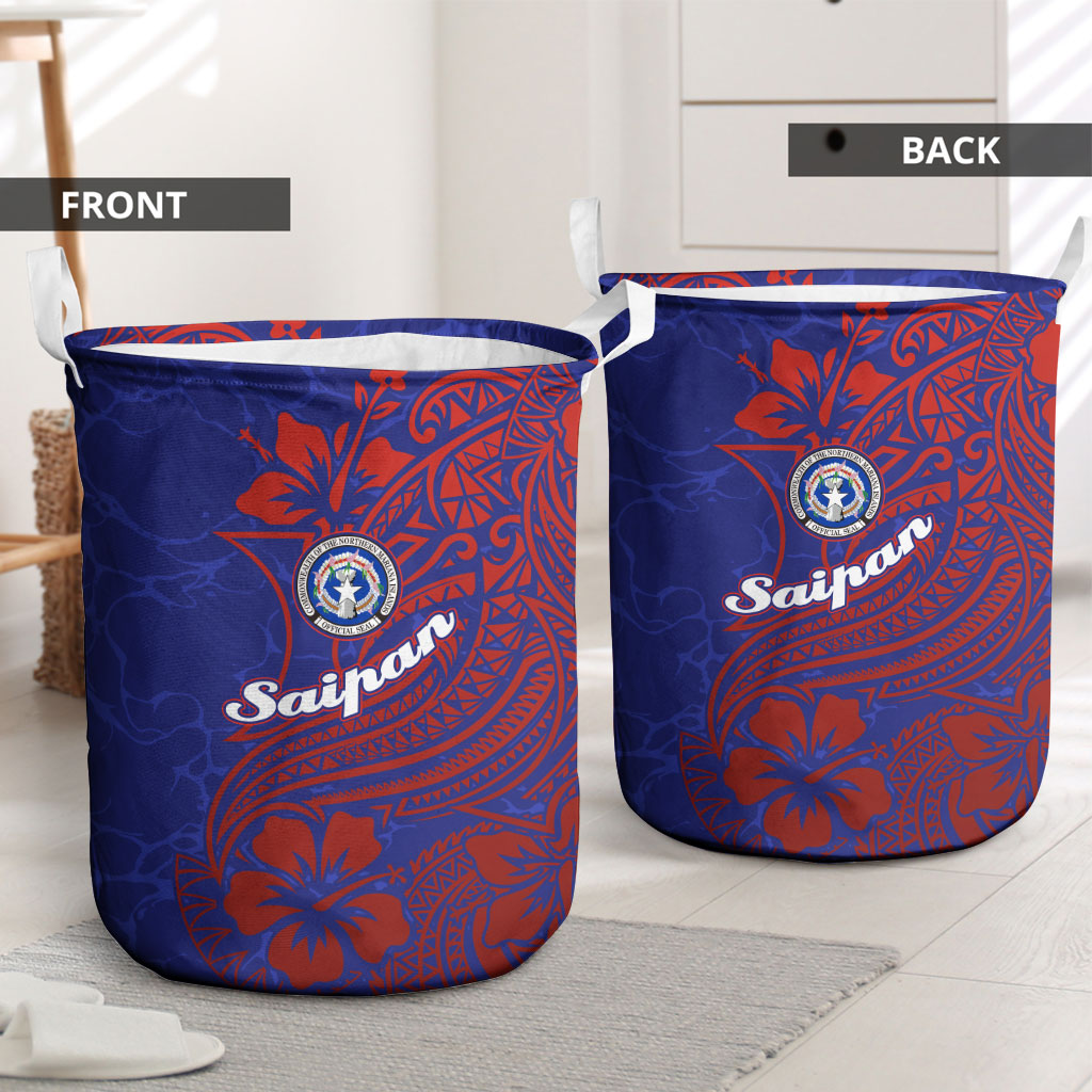 Saipan Northern Mariana Islands Laundry Basket Polynesian Tribal Tattoo Art With Hibiscus Flowers And Seal