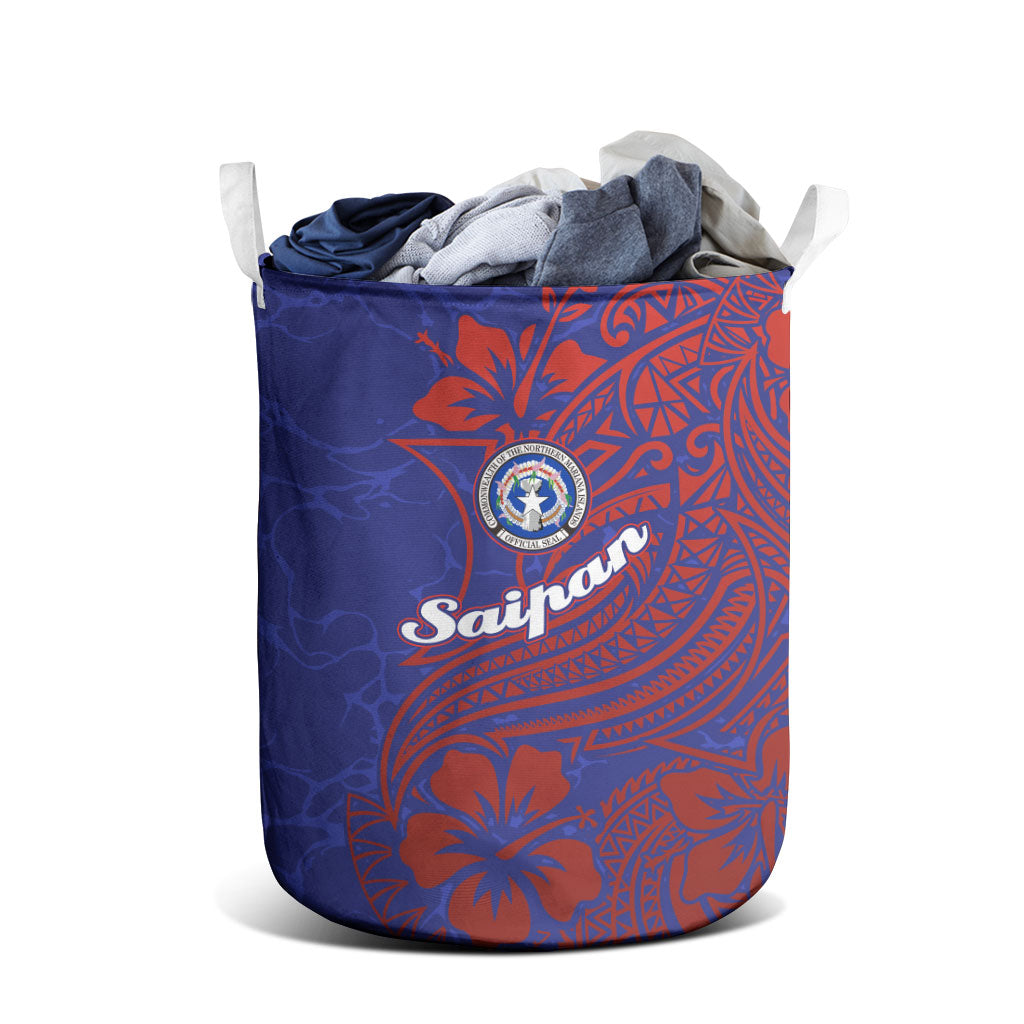 Saipan Northern Mariana Islands Laundry Basket Polynesian Tribal Tattoo Art With Hibiscus Flowers And Seal
