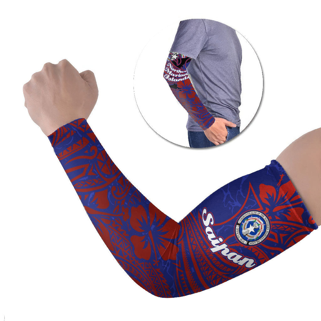 Saipan Northern Mariana Islands Arm Sleeves Polynesian Tribal Tattoo Art With Hibiscus Flowers And Seal TS04 Set of 2 Blue Red - Polynesian Pride