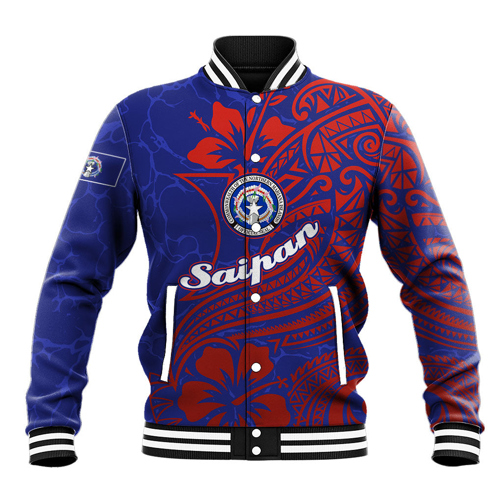 Saipan Northern Mariana Islands Baseball Jacket Polynesian Tribal Tattoo Art With Hibiscus Flowers And Seal