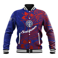 Saipan Northern Mariana Islands Baseball Jacket Polynesian Tribal Tattoo Art With Hibiscus Flowers And Seal