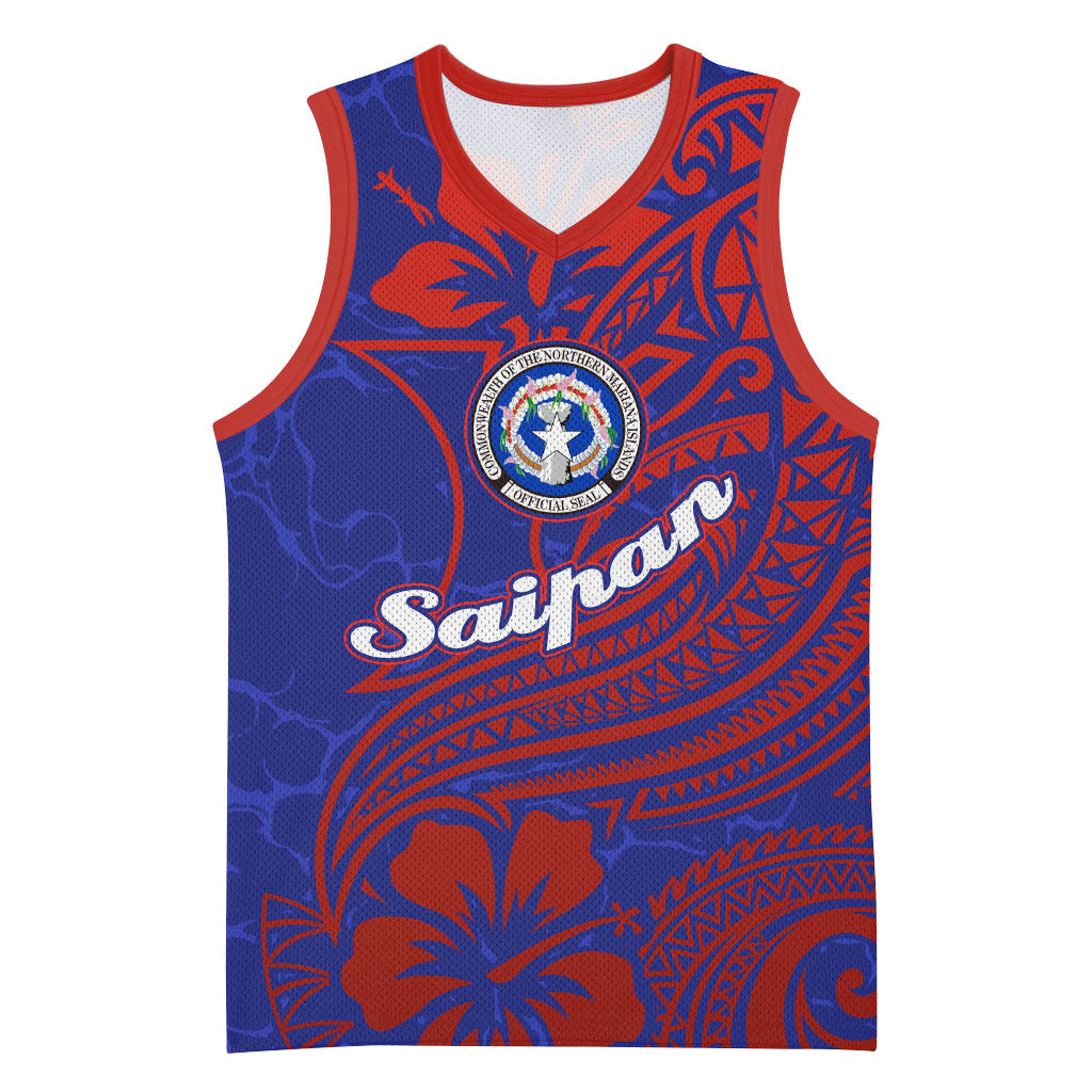 Saipan Northern Mariana Islands Basketball Jersey Polynesian Tribal Tattoo Art With Hibiscus Flowers And Seal