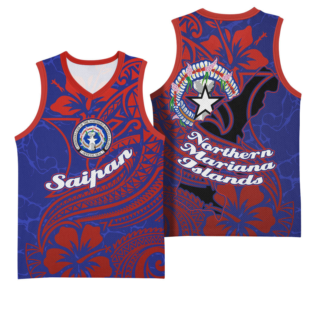 Saipan Northern Mariana Islands Basketball Jersey Polynesian Tribal Tattoo Art With Hibiscus Flowers And Seal