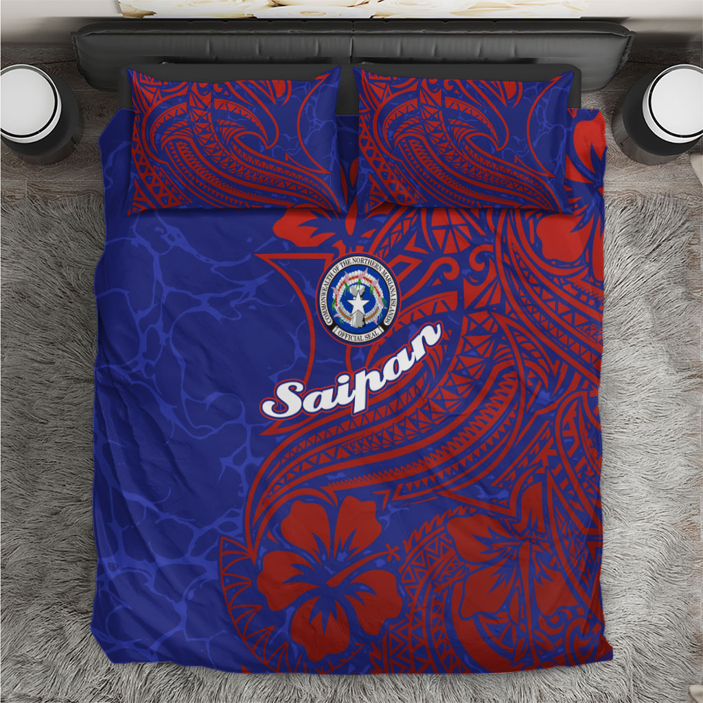 Saipan Northern Mariana Islands Bedding Set Polynesian Tribal Tattoo Art With Hibiscus Flowers And Seal