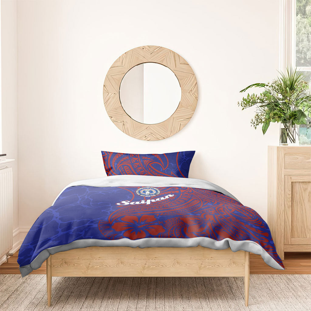 Saipan Northern Mariana Islands Bedding Set Polynesian Tribal Tattoo Art With Hibiscus Flowers And Seal