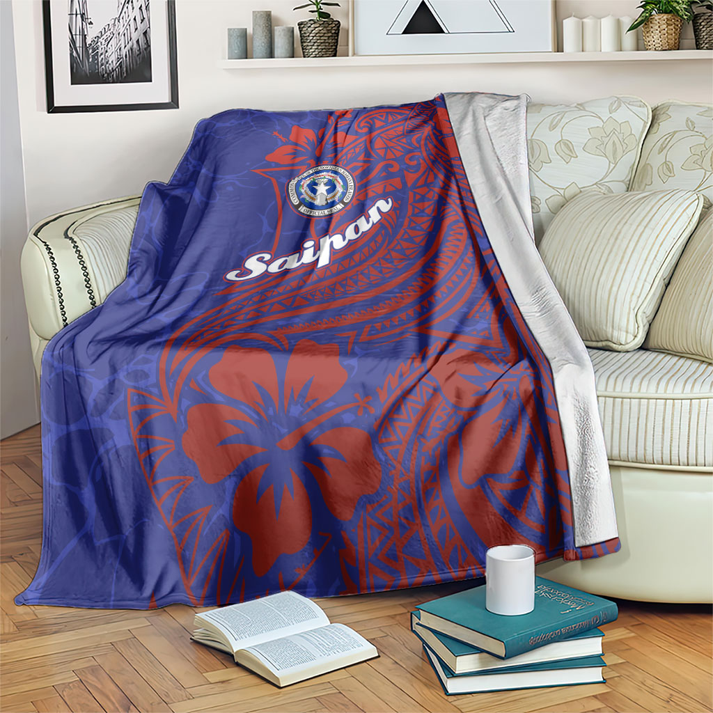 Saipan Northern Mariana Islands Blanket Polynesian Tribal Tattoo Art With Hibiscus Flowers And Seal TS04 Blue Red - Polynesian Pride
